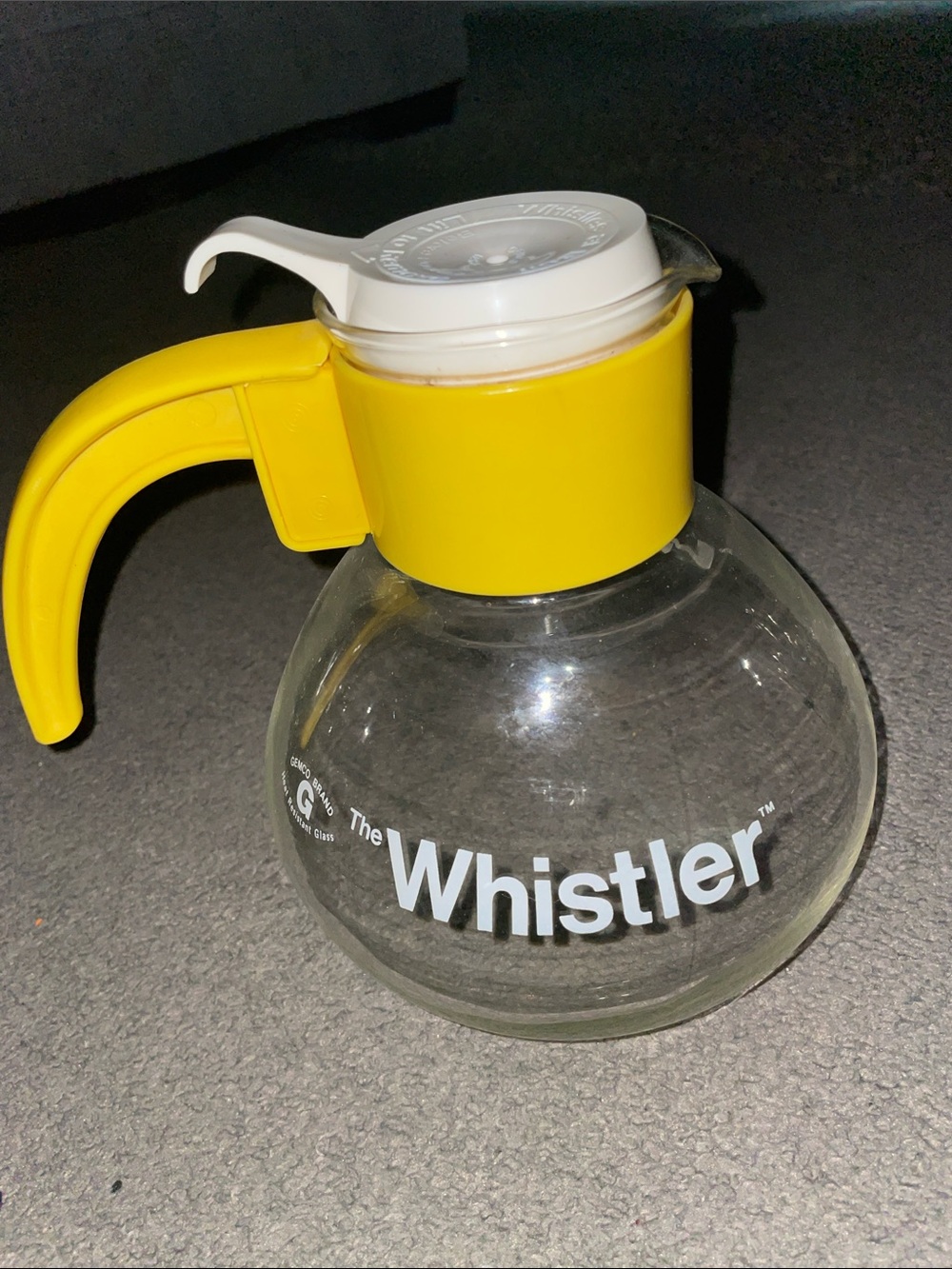 Rare Yellow Handled Gemco The Whistler Glass Coffee Server with Yellow Handle